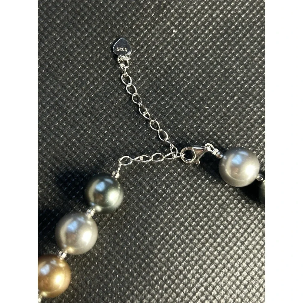 Metallic Faux Pearl Statement Necklace Silver S925‎ Extender Gray Silver brown